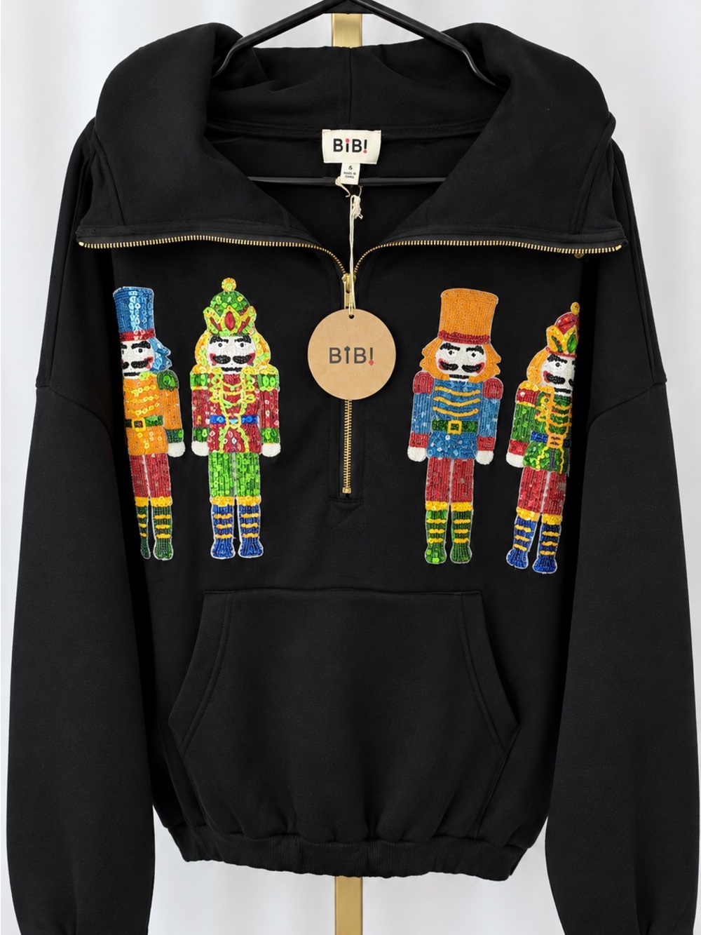 BiBi Black Half-Zip Nutcracker Sequin Sweatshirt